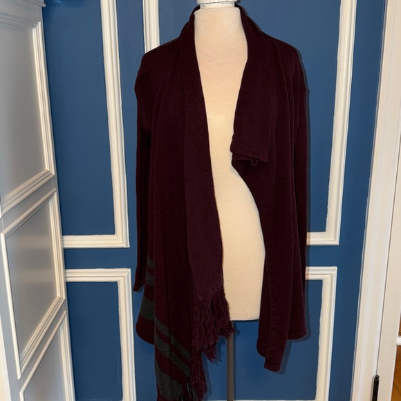 CAbi Port Fringe Wrap Cardigan Sweater Burgundy Gray - Size S - Picture 2 of 10